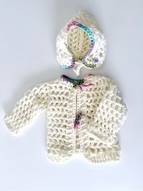 Handmade Crochet Vintage Style Baby Girl Sweater and Bonnet Set-Size 6-9 mos